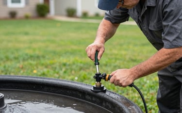 A technician in professional attire performing a septic tank inspection on a vibrant green lawn of a US home. Close-up on the inspection tools, high-detail texture, clean and reliable mood.