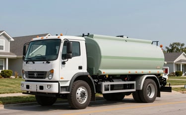 Professional photography of a white and muted sage green septic vacuum truck parked at a residential property in a North American suburb. Clear sky, bright natural lighting, composition following the rule of thirds.