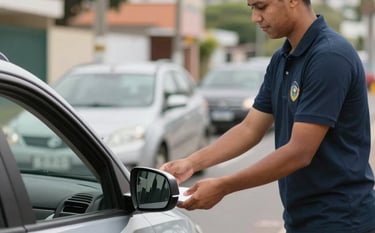 A professional valet in a sharp dark uniform with deep red #6A0505 accents parking a luxury silver sedan in front of a high-end restaurant entrance at night. Soft, warm lighting, sophisticated urban atmosphere, focused on reliability and care.