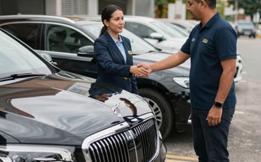 Professional hotel receptionist standing in front of a modern lobby service desk.