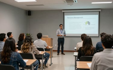 Interior of a modern South American university hall where a safety professional is presenting a risk management plan to faculty members, professional atmosphere, neutral gray tones.