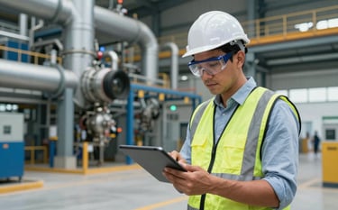 A professional South American engineer in Colombia inspecting a modern industrial plant floor, holding a digital tablet and wearing goggles, clean industrial setting with gray and industrial blue structural elements.