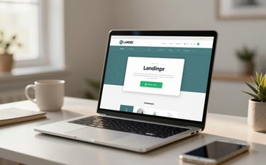 A sleek laptop on a minimalist desk in a bright Malaysian home office, displaying a clean landing page with a prominent WhatsApp contact button. The scene is lit with warm, natural afternoon light, incorporating #1C2D2F and #A4C3A8 accents in the room decor.