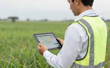 A professional engineer in a crisp white shirt and a safety vest standing in a lush green Mato Grosso do Sul pasture, holding a high-tech tablet showing environmental mapping data. The lighting is bright and natural, reflecting a modern and authoritative brand mood with subtle tones of #2E5F49 and #F8F9FA in the sky and grass.