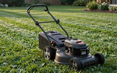 Professional photography of a modern lawn mower on a perfectly manicured North American lawn. The grass is a vibrant dark green with crisp mowing lines. Soft morning sunlight highlights the dewy, lush garden setting, creating a serene and professional atmosphere.