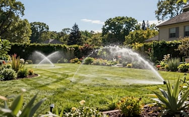 Wide photography of a lush North American estate garden. High-quality automated sprinklers are active, hydrating a pale green lawn and structured garden beds. The scene conveys expert care, reliability, and natural beauty under a clear blue sky.