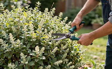 Photography of a person in North American gardening attire using professional shears to prune a large shrub in a sunlight-drenched backyard. The garden is filled with pale green and medium green foliage, looking clean, meticulously maintained, and tranquil.