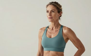 An empowering portrait of a fit, middle-aged individual in a minimalist studio. The lighting is soft and flattering, utilizing a palette of soft off-white and muted teal. The subject looks confident and healthy, reflecting the brand's focus on longevity.