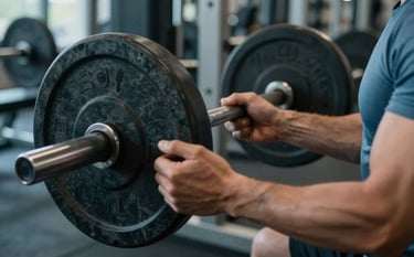 A close-up, focused shot of an athlete's hands adjusting weights in a high-end training facility. The lighting is dramatic yet clear, with a color palette of slate blue and dark charcoal. The image conveys authority and precision in resistance training.