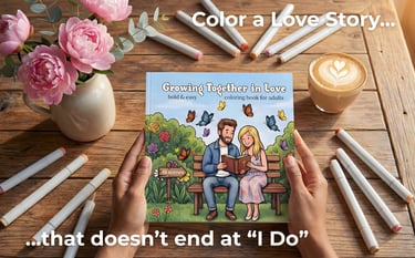 Bold and easy adult coloring book about love featuring a romantic couple and butterflies.