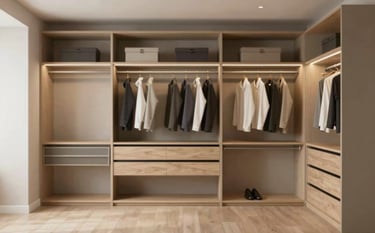 A spacious walk-in closet with custom shelving in #BCA99D taupe and light oak finishes. Minimalist design with integrated warm LED strip lighting under shelves, showing organized clothing.