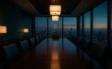 A high-end North American corporate boardroom overlooking a city skyline at dusk. The room features a polished dark wood table and sophisticated lighting, with subtle dark blue and teal accents in the interior design, conveying elite professionalism.