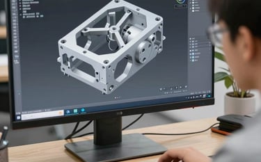 Engineer using 3D CAD software on a computer monitor to design a complex mechanical industrial part.