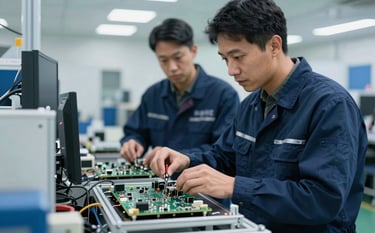 A professional photograph showing the final assembly of electronic devices in a high-tech manufacturing facility. An engineer in North American / US work attire is seen in the background observing the process with an air of trusted partnership. The lighting is clean, using a palette of Deep Navy Blue and Soft Ice Blue.