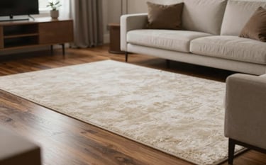 A sophisticated modern living room featuring a mix of luxury hardwood flooring and a high-pile cream carpet. The lighting is soft and natural, emphasizing the rich textures of the materials. The color palette includes hints of #4E6A5B and #BFCBC2 in the decor. Modern, clean aesthetic.