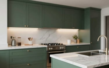 A high-end, modern kitchen showcasing custom cabinetry in a sleek dark green #1A2A27 finish with brushed metal handles. Meticulously organized marble countertops and contemporary lighting. Clean, professional look that inspires trust.