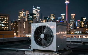 A view of a commercial rooftop exhaust fan system overlooking the Toronto skyline at night. The fan is clean and well-maintained, with soft artificial light glinting off its metal housing. The mood is professional and quiet, incorporating deep #1E2B3A night skies and #8DAABF highlights on the machinery.