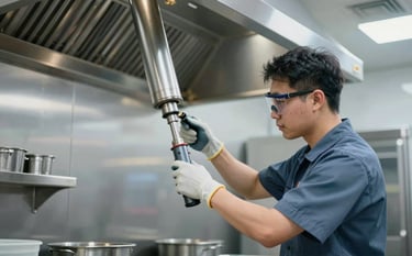 A professional technician in a clean uniform and safety gear meticulously degreasing a large stainless steel commercial exhaust hood in a high-end restaurant kitchen. The lighting is crisp and modern, highlighting the metallic surfaces. Touches of #3A607C and #8DAABF appear in the technician's gear and the ambient reflections.