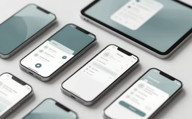 A minimalist arrangement of mobile phones and tablets showing clean app interfaces. Soft lighting, high-tech professional aesthetic, using a palette of #476C7D and #F8FBFD.