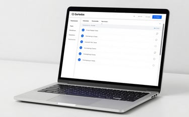 A sleek, professional laptop on a clean desk showing a dashboard of automated software test results with blue checkmarks. Minimalist composition, modern high-tech atmosphere, featuring brand colors #476C7D and #A1C6D0 in the screen details.