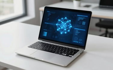 A sleek laptop on a minimalist white desk in a modern North American / US office, displaying a sophisticated blue data interface with glowing nodes. Soft natural light illuminates a clean, tech-inspired workspace.
