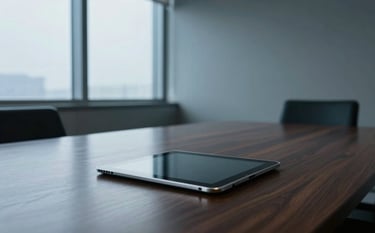 A high-end, minimalist boardroom in a North American / US corporate setting. A tablet on the dark wood table reflects the soft steel blue light from a large window.