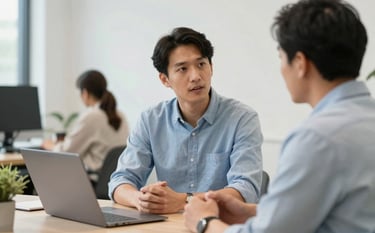A focused professional in a North American / US co-working space engaged in an empathetic conversation with a mentor. The setting is bright and intelligent, featuring light blue and off-white color tones.