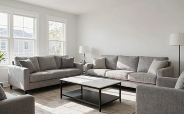 A bright and impeccably clean North American / US residential living room. The setting is professional and sophisticated with neutral grey furniture and white walls. Polished surfaces catch the soft morning light, emphasizing a high-quality residential cleaning standard.