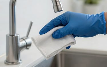 A close-up photography shot of a professional cleaning specialist's gloved hand using a soft white cloth to polish a stainless steel faucet in a modern North American / US kitchen. Royal blue accents appear in the background, with a clean and bright atmosphere.