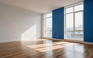 A high-end, empty modern apartment in the North American / US being prepared for new tenants. Sunlight streams through large windows onto polished hardwood floors. The aesthetic is minimalist with crisp white walls and subtle royal blue accents, reflecting a professional turnover service.