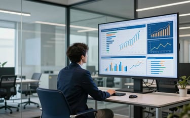 A professional business analyst in a modern, glass-walled office, carefully observing data visualizations on a large screen. The lighting is bright and clear. The room features professional furniture in Dark Navy Blue and Steel Blue accents, reflecting a sophisticated corporate atmosphere.