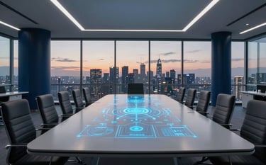 A wide, cinematic shot of a futuristic boardroom overlooking a city at dusk. The interior is decorated with Mist Gray surfaces and Dark Navy Blue pillars. A digital tabletop glow with Sky Blue data points, representing strategic foresight.