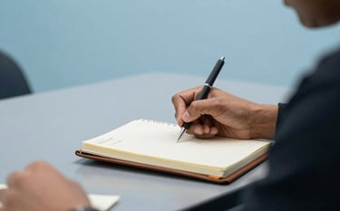 A detailed close-up of a person taking precise notes in a leather-bound notebook during a focus group session. The environment is minimalist with Sky Blue walls and Mist Gray tabletops, creating a calm and insightful mood for user observation.