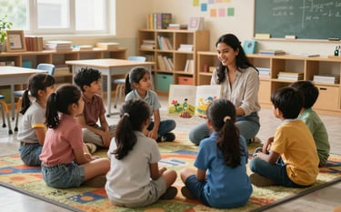 A warm, natural light photograph of a modern South Asian primary school classroom. A group of young children are sitting in a circle on a colorful rug, listening intently to a teacher who is showing them a beautifully illustrated storybook. The atmosphere is inspiring and academic, with shelves of books and educational materials in the background. Soft daylight fills the room.