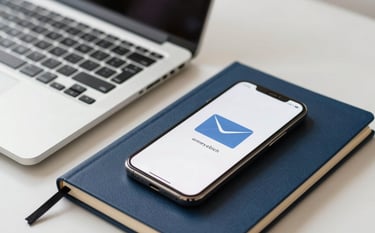 Close-up of a laptop and a smartphone on a clean desk with a Deep Navy Blue notebook, representing professional digital communication and email support, bright and efficient atmosphere.