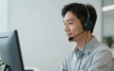 A professional customer support representative wearing a headset, smiling slightly, in a modern office with Pale Mist White walls and Soft Steel Blue accents, high-quality professional photography.
