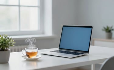 A minimalist and serene home office setup for tele-therapy. A modern laptop is on a white desk next to a small green plant and a steaming cup of tea. Soft morning light enters through a window. The color palette includes soft blues (#5D7A94) and light grays (#F8FBFD) to evoke professional care and tranquility.