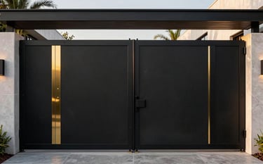 Luxury modern minimalist gate for a high-end residence in Guadalajara, North American / Mexican architecture, matte Carbon Black finish with Gold accents, clean lines, sunset lighting, sharp focus on precision welding.