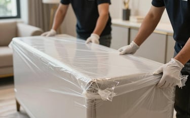 A detailed close-up of high-end furniture being wrapped in professional-grade protective film by movers with clean white gloves. The background features hints of a luxury Dubai interior, using a palette of #B8A081 and #F8F9FA.