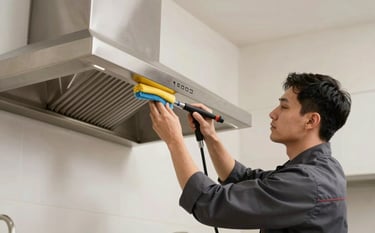 A professional technician in a dark charcoal uniform cleaning a stainless steel kitchen chimney with specialized tools. Modern premium kitchen setting with soft off-white lighting and sharp focus on the cleaning process.