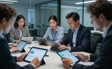 A collaborative team of tech professionals analyzing data on tablet screens in a glass-walled conference room. The lighting is cool and professional with deep blue tones. Global / Tech-focused context.