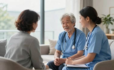 A senior care assistant in a high-quality private British care home, engaging in a professional and compassionate conversation with a colleague in a clean, modern lounge. Large windows allow for bright, natural daylight in a reassuring setting.