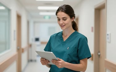 A professional Registered Nurse in a modern, brightly lit Northern European hospital corridor, wearing dark teal scrubs, holding a tablet with a focused and reassuring expression. The lighting is soft and clinical, emphasizing a clean and reliable healthcare environment.