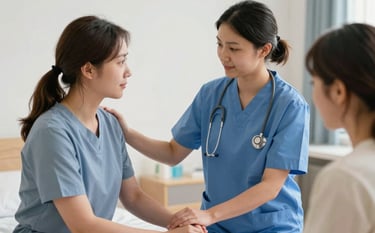 A support worker in a Northern European residential care setting, assisting with daily activities in a clean, well-organized environment. The composition focuses on professional partnership and clinical dependability.