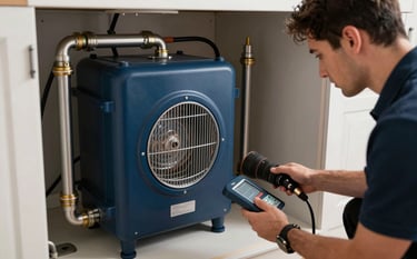 A high-efficiency heating system being calibrated by a technician in a modern North American / US home basement. The composition emphasizes technical expertise and reliable steel blue and deep navy blue hardware.