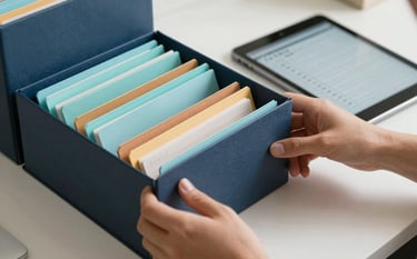 Close-up of hands organizing color-coded folders in a tidy North American / US home office. A tablet rests nearby showing a clear checklist. The color palette features dark slate blue folders and soft aqua tabs against an off-white desk, symbolizing clarity and organization.