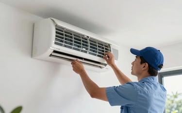 A professional HVAC technician in a clean uniform installing a modern split-system air conditioner unit on a white wall in a bright South American home. The setting is clean and minimalist with natural light and a palette of light gray and pale blue.