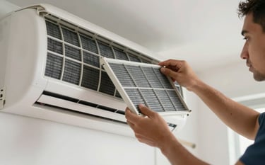 Close-up of a professional technician cleaning a reusable air filter from a residential AC unit in a clean, modern Brazilian house. Soft daylight highlights the clean surfaces and the efficiency of the service.