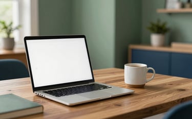 A bright and organized North American home office in Greenville, South Carolina. A laptop is open on a wooden desk next to a ceramic mug of coffee. The lighting is soft and natural, suggesting a focused but approachable professional atmosphere. Accents of forest green and dark blue are visible in the decor.