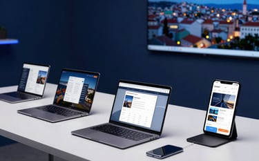 A professional architectural-style photograph of a tech studio in an Eastern European / Croatian city. On a clean white desk, several Android devices are arranged, each showing a different part of a sophisticated business application. The lighting is crisp, highlighting deep blue and navy tones in the environment.